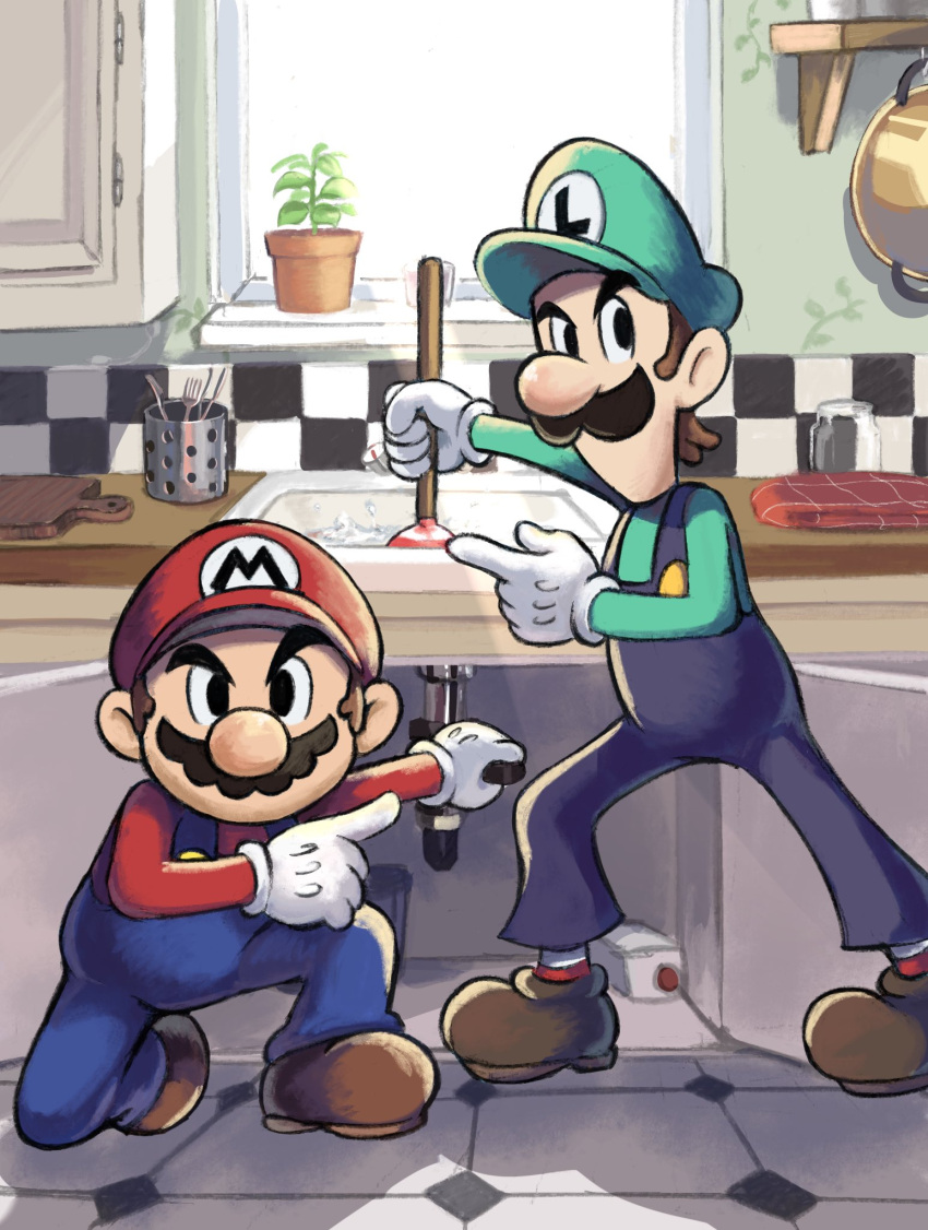 2boys, arm_up, big_nose, black_eyes, blue_overalls, brothers, brown_footwear, buttons