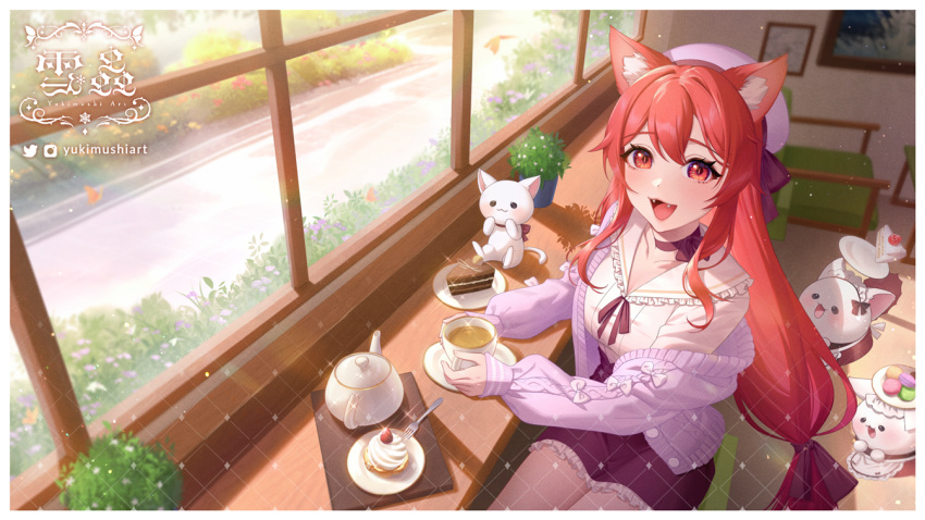 1girl, bangs, border, cafe, cat, cat_girl, choker, commission