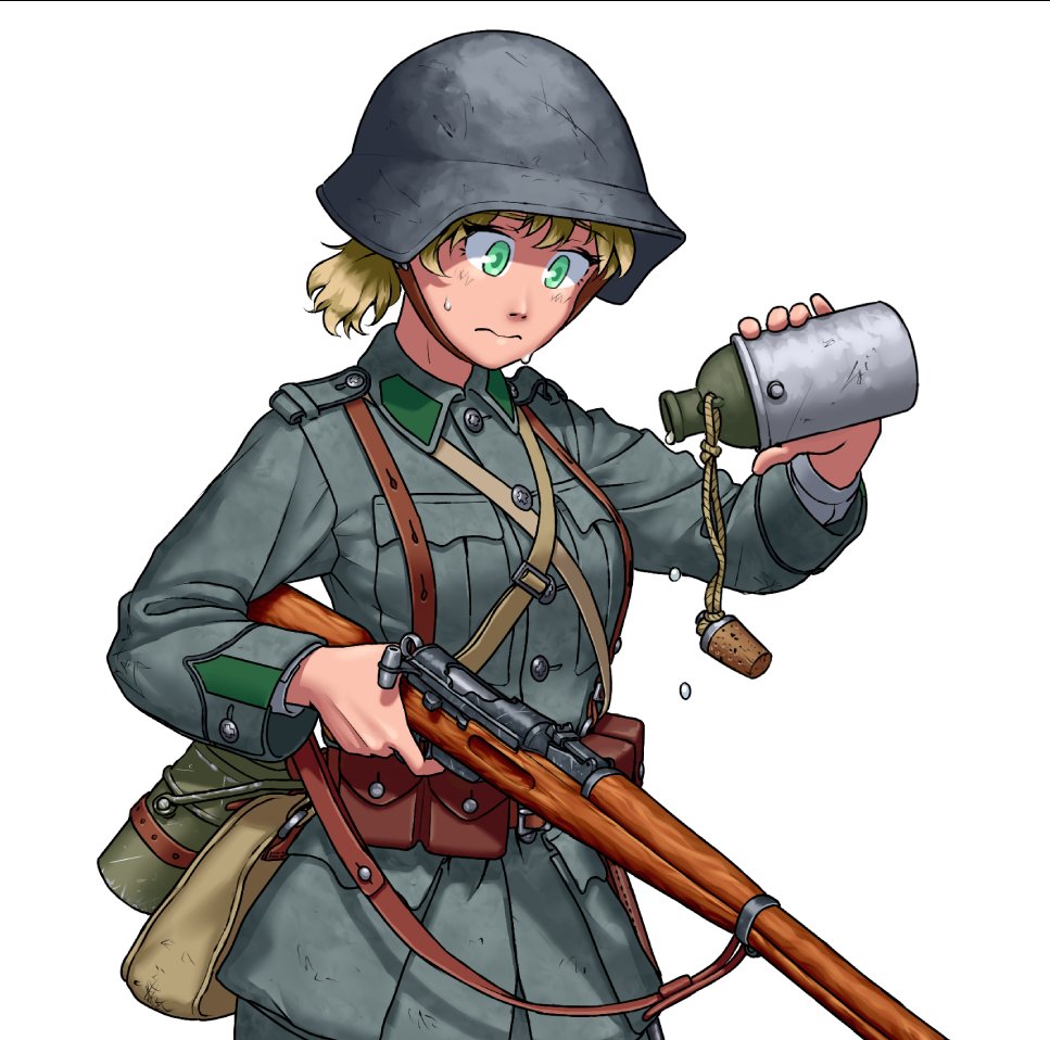 1girl, blonde_hair, canteen, commission, green_eyes, gun, helmet, k31, load_bearing_equipment, mess_kit, military, military_helmet, military_uniform, original, ostwindprojekt, rifle, sweatdrop, uniform, water_drop, weapon