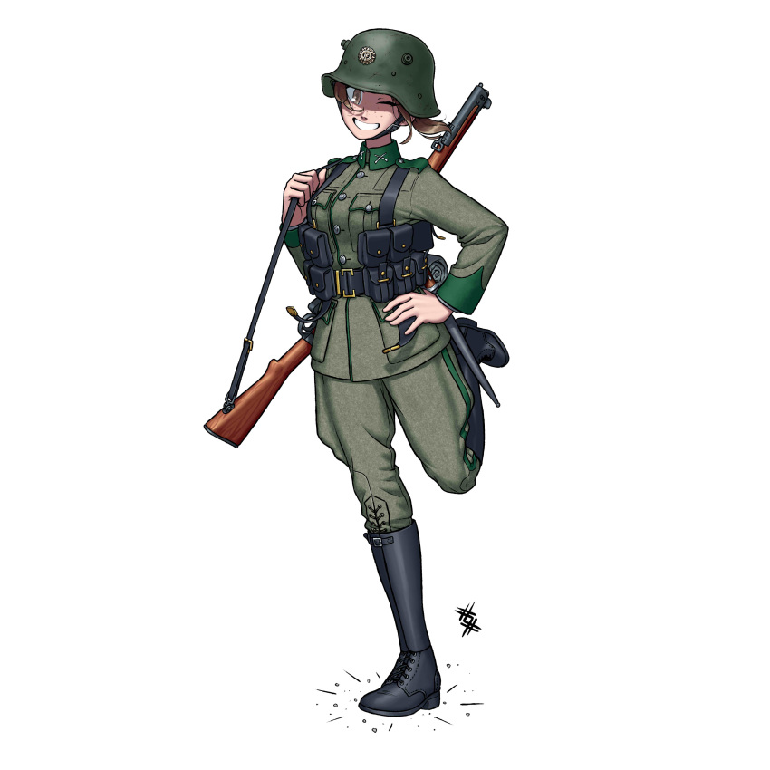 1girl, absurdres, bayonet, black_footwear, boots, breeches, brown_eyes, brown_hair