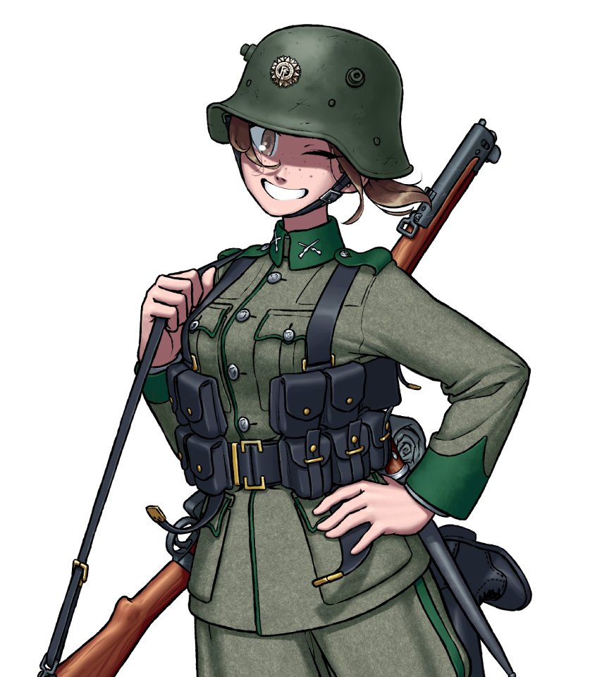 1girl, bayonet, brown_eyes, brown_hair, freckles, grin, gun, gun_on_back