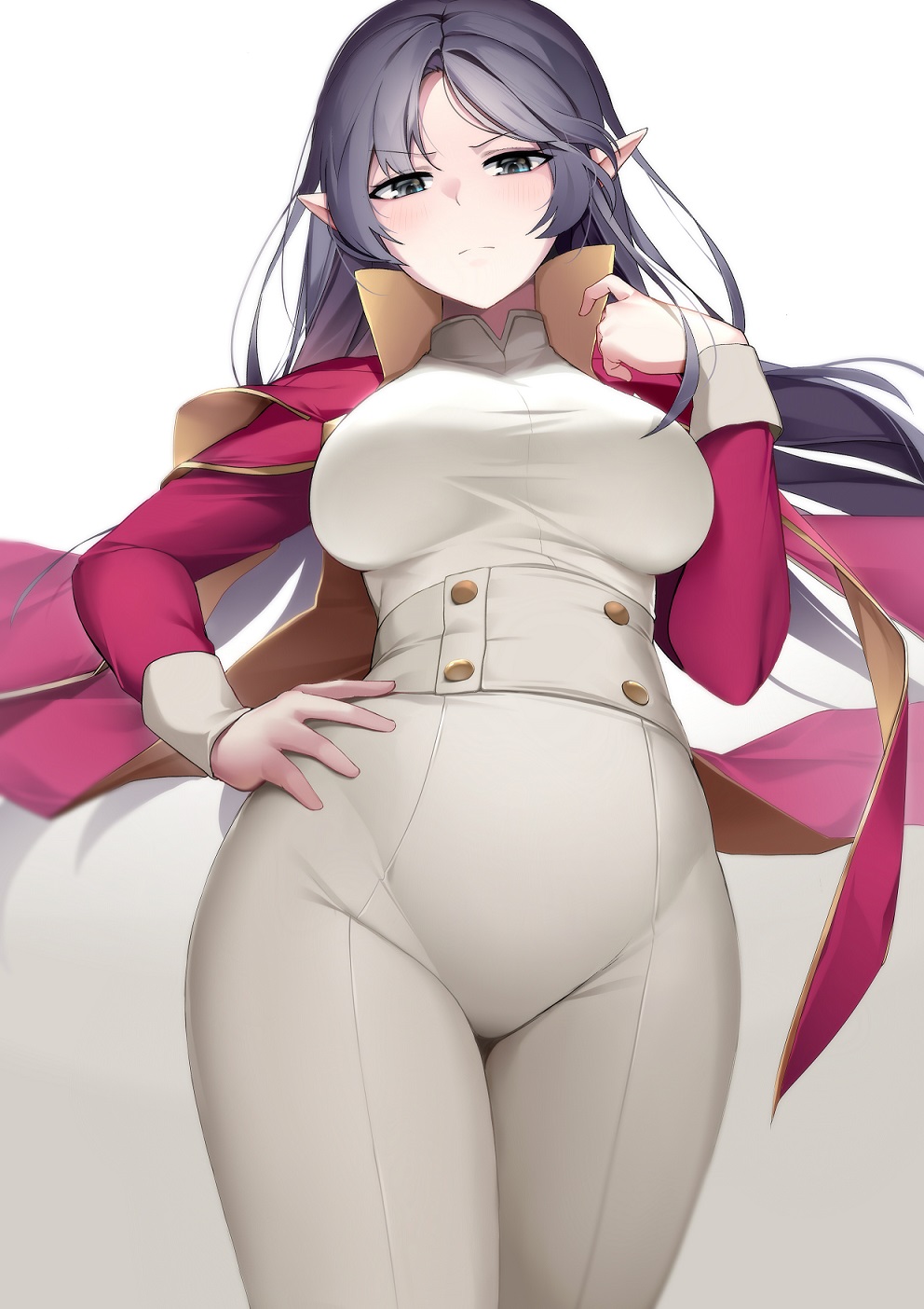 1girl, adele_(maplestory), bangs, breasts, cape, closed_mouth, commentary, cowboy_shot