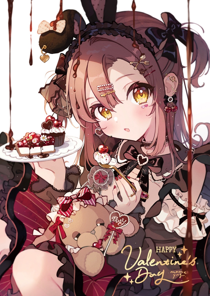1girl, animal_ears, asymmetrical_earrings, black_bow, blush, bow, brown_hair, candy, chocolate, commentary, cupcake, earrings, english_commentary, fake_animal_ears, food, hair_bow, hair_ornament, hairclip, happy_valentine, heart, heart_earrings, highres, jewelry, lollipop, long_hair, looking_at_viewer, mameyanagi, open_mouth, original, pie, rabbit_ears, red_nails, solo, stuffed_animal, stuffed_bunny, stuffed_toy, two_side_up, yellow_eyes
