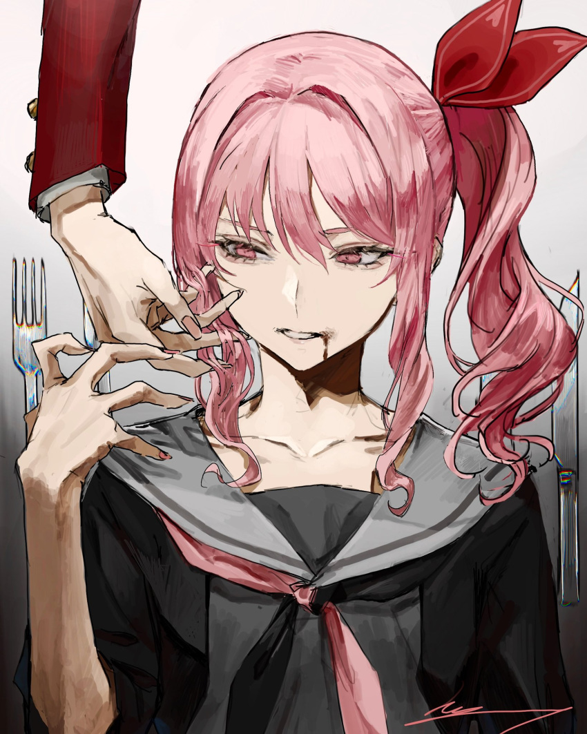 1other, akiyama_mizuki, androgynous, angst, blood, blood_on_face, commentary, drill_hair, fork, highres, long_hair, pink_eyes, pink_hair, project_sekai, ratte_(cf), sailor_collar, school_uniform, serafuku, side_drill, sidelocks, solo, valentine