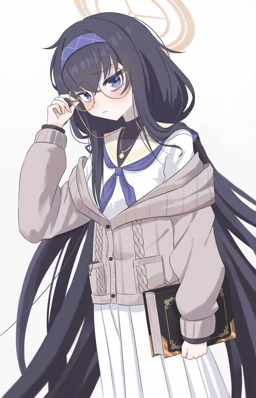 1girl, absurdres, bags_under_eyes, black_hair, blue_archive, glasses, hairband, halo