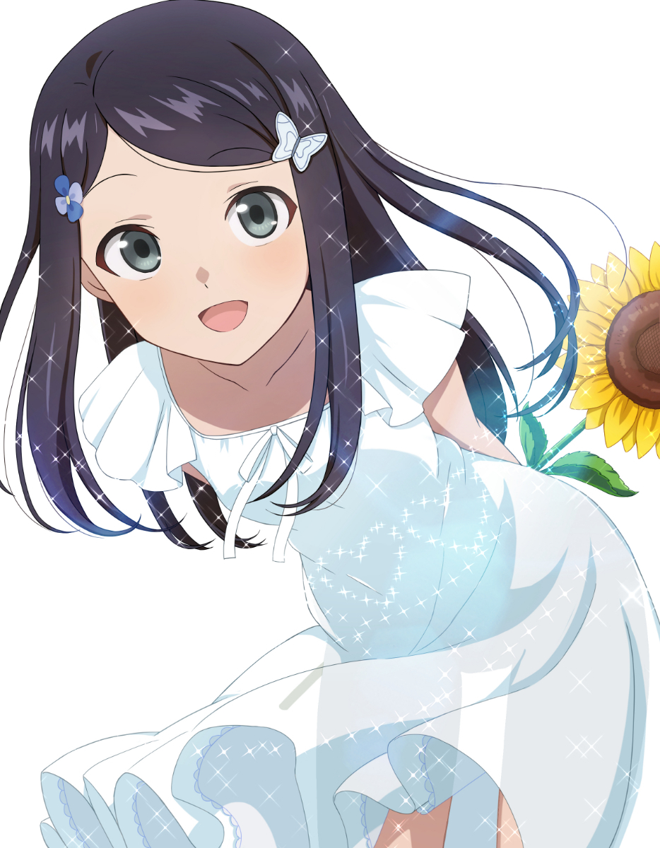 1girl, arms_behind_back, bangs, black_hair, butterfly_hair_ornament, collarbone, dress, flower