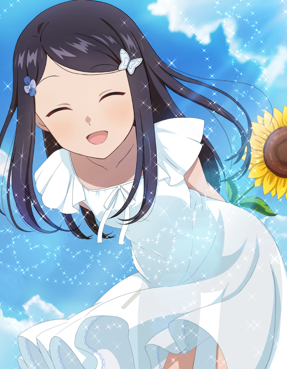 1girl, ^_^, ^o^, arms_behind_back, bangs, black_hair, blue_sky, butterfly_hair_ornament