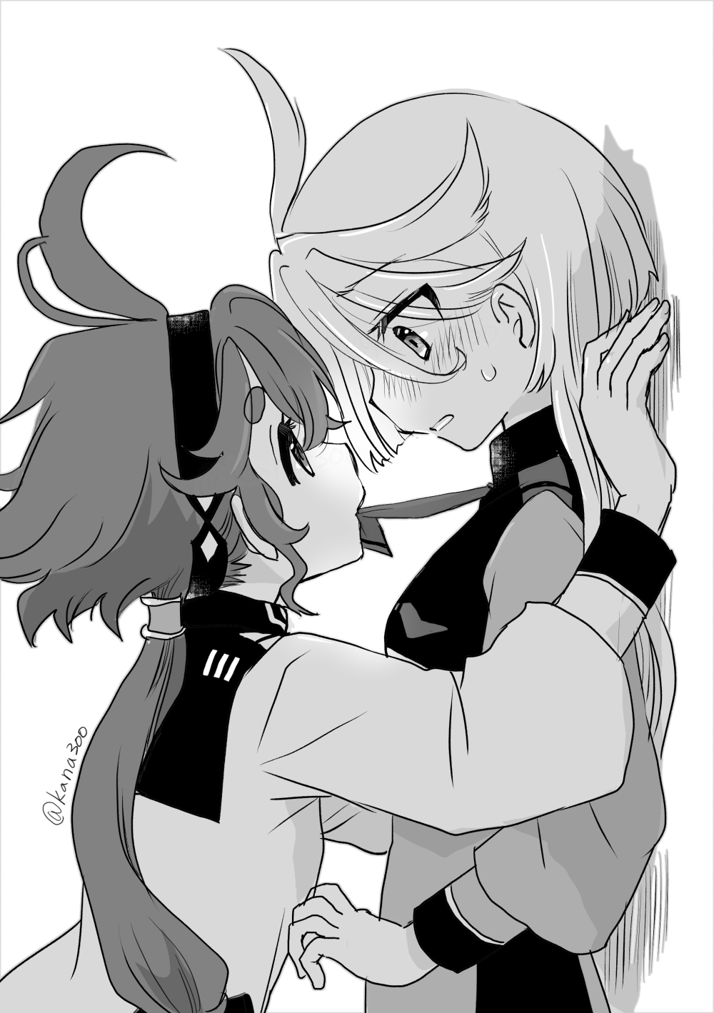 2girls, ahoge, asticassia_school_uniform, blush, commentary_request, gundam, gundam_suisei_no_majo, highres, kabedon, long_hair, miorine_rembran, mitou_kana, mouth_hold, multiple_girls, necktie, parted_lips, redhead, school_uniform, suletta_mercury, sweatdrop, thick_eyebrows, twitter_username, yuri