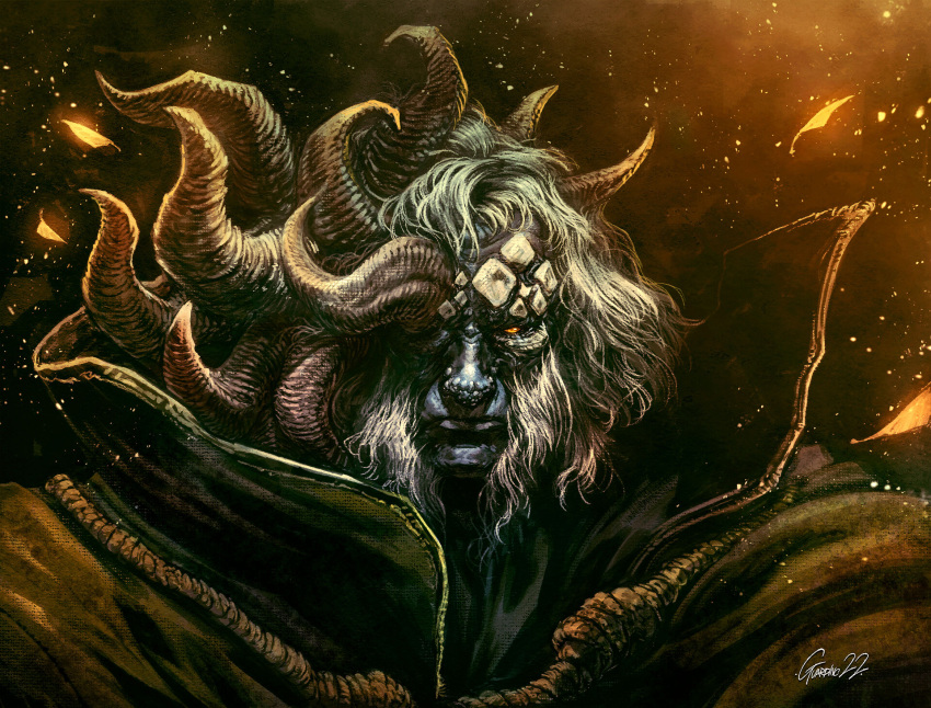 1boy, andrea_guardino, artist_name, asymmetrical_horns, closed_mouth, collar, commentary, elden_ring