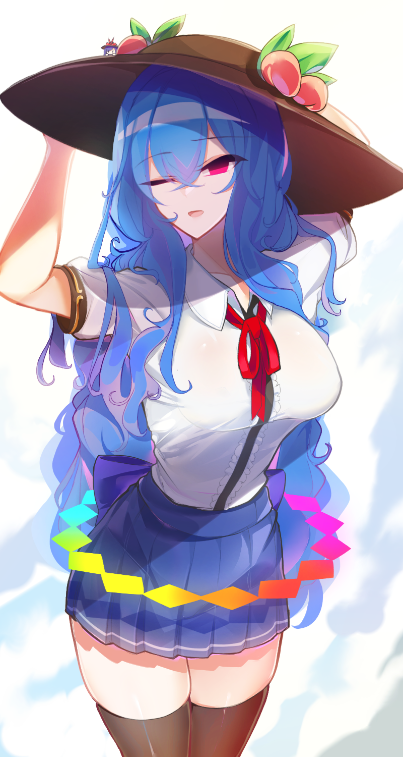 1girl, black_headwear, blouse, blue_bow, blue_hair, blue_skirt, bow, bowtie