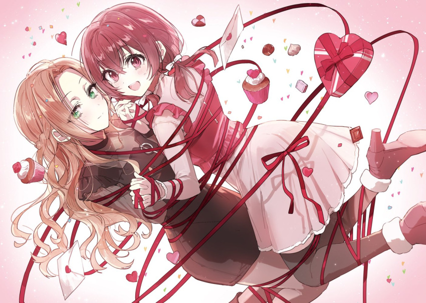 2girls, :d, bangs, black_dress, blush, boots, box, brown_hair