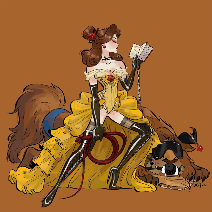 1boy, 1girl, ball_gag, beast_(disney), beauty_and_the_beast, beauty_and_the_beast_(disney), belle_(disney), black_choker
