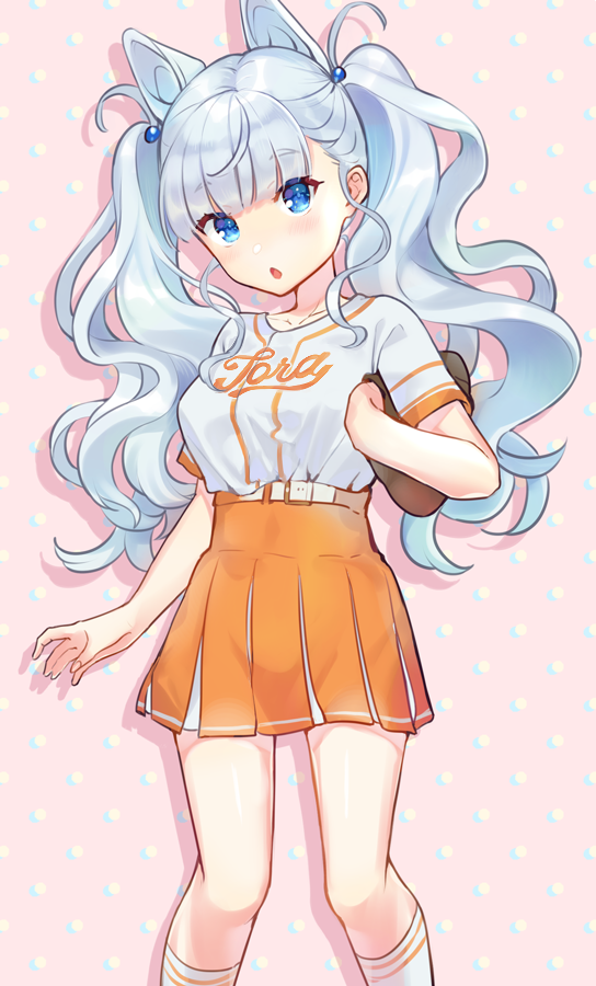 1girl, arm_at_side, bangs, baseball_mitt, baseball_uniform, blue_eyes, blunt_bangs, collarbone, curly_hair, hair_ears, kneehighs, looking_at_viewer, okanoyuno, open_mouth, orange_skirt, polka_dot, polka_dot_background, skirt, socks, sportswear, standing, tenka_hyakken, toragoze_no_tachi, twintails, white_hair