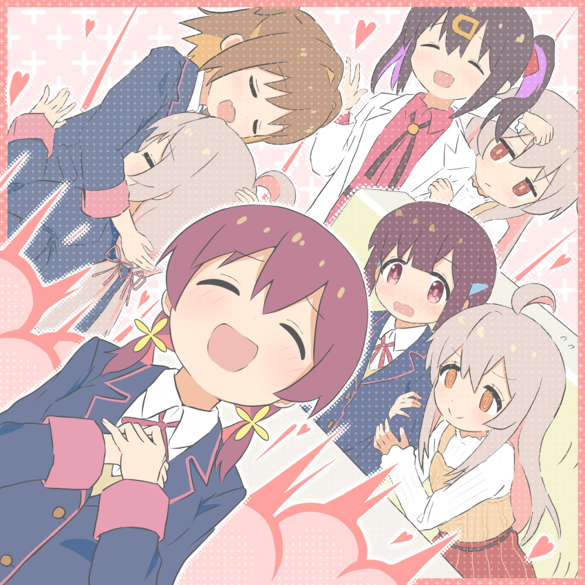 5girls, :d, @_@, absurdres, ahoge, arm_hug, bangs, black_hair