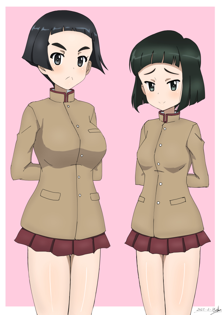 2girls, arms_behind_back, artist_name, bangs, black_eyes, black_hair, blunt_bangs, blunt_ends