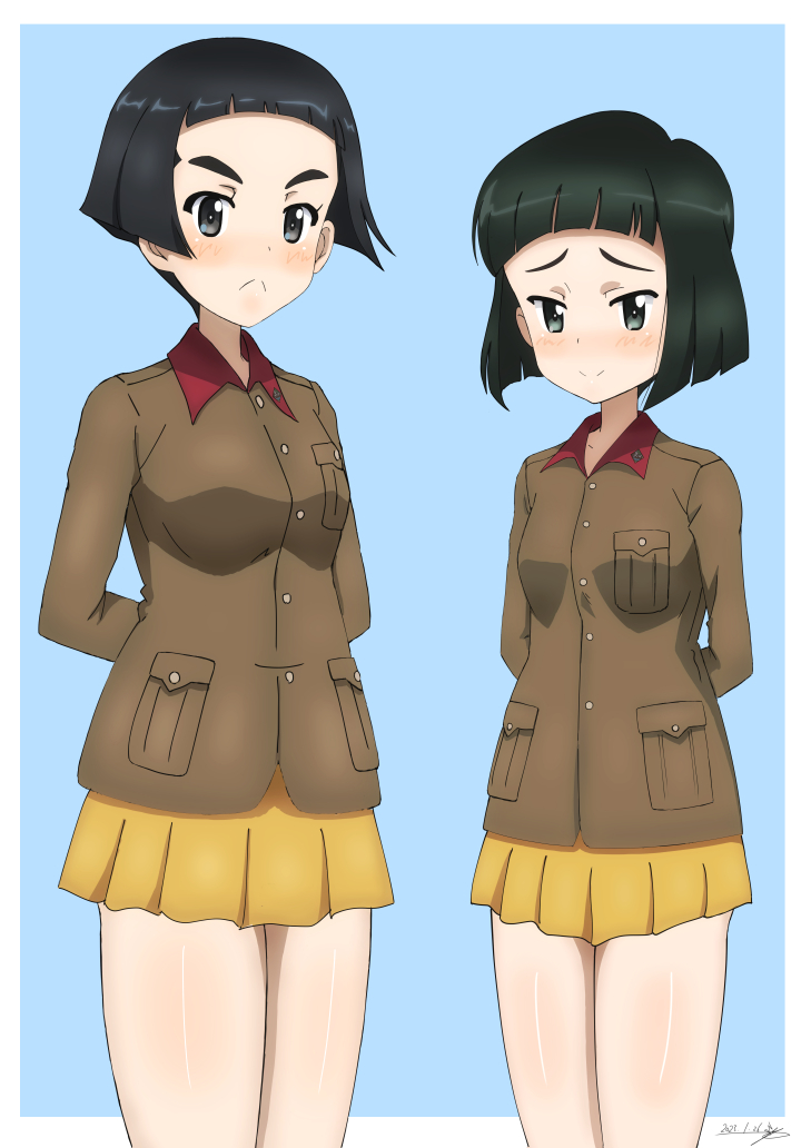 2girls, arms_behind_back, artist_name, bangs, black_eyes, black_hair, blue_background, blunt_bangs