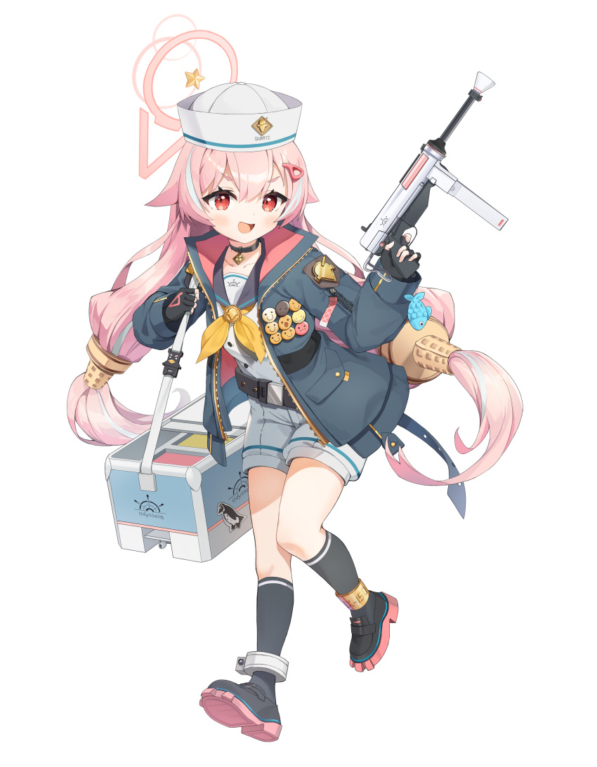 1girl, absurdres, ankle_cuffs, badge, bag, bangs, belt, blue_hair, blush, button_badge, charm_(object), choker, cooler, dixie_cup_hat, fingerless_gloves, fish_charm, food, full_body, gloves, gun, hair_flaps, hair_ornament, hairclip, halo, hat, hat_pin, highres, holding, holding_gun, holding_strap, holding_weapon, ice_cream, jacket, jewelry, leaning_forward, long_hair, long_sleeves, looking_at_viewer, low_twintails, mearyo, military_hat, multicolored_hair, neckerchief, open_mouth, original, pendant, pink_hair, red_eyes, sailor_collar, shoes, shorts, smile, socks, solo, streaked_hair, thick_eyebrows, twintails, v-shaped_eyebrows, very_long_hair, walking, weapon, zipper, zipper_pull_tab