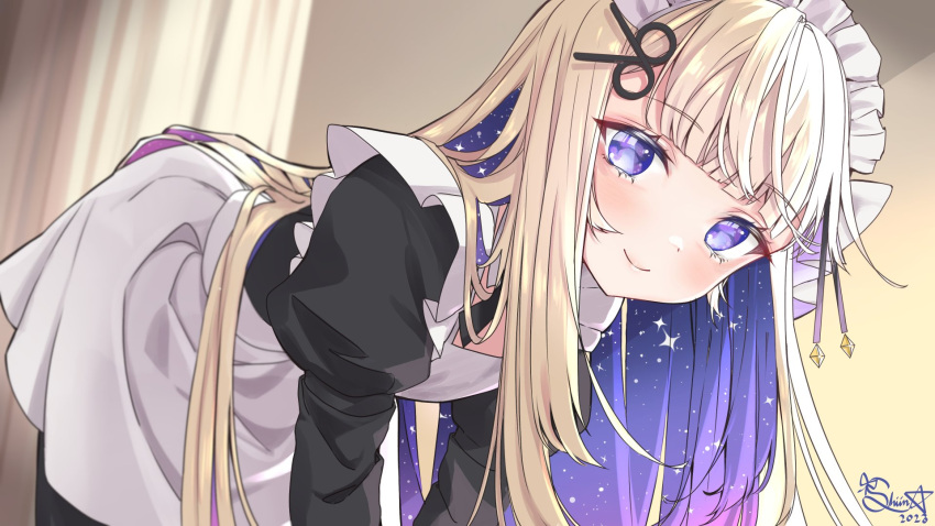 1girl, 2023, alternate_costume, amanogawa_shiina, amanogawa_shiina_(artist), apron, bent_over, blonde_hair