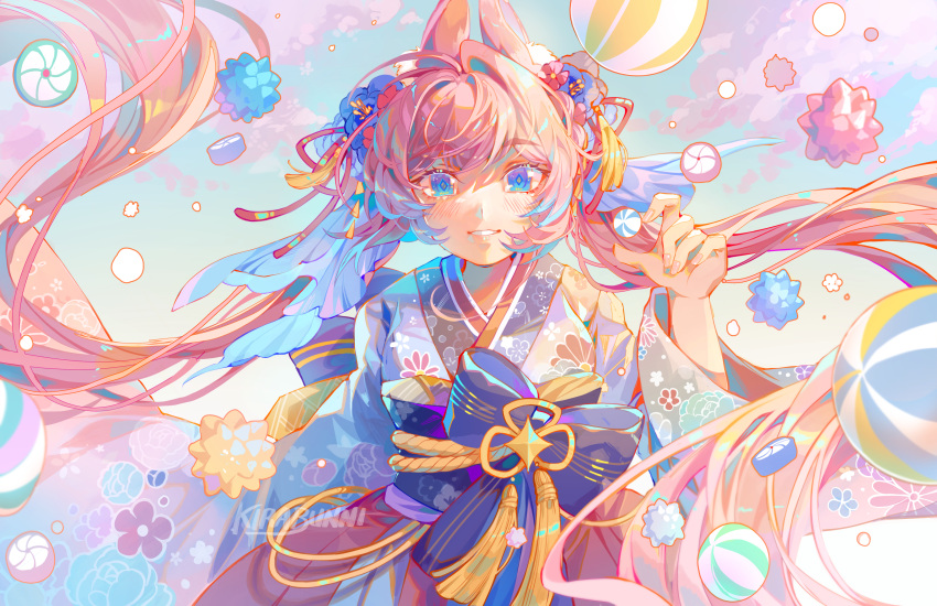 1girl, absurdres, ahoge, animal_ears, artist_name, ball, bangs, blue_eyes, blush, candy, commentary, floating_hair, flower, food, grin, hair_intakes, hair_ornament, hand_up, highres, japanese_clothes, kanzashi, kimono, kirabunni, konpeitou, long_hair, long_sleeves, looking_at_viewer, obi, original, pink_hair, rabbit_ears, rabbit_girl, sash, smile, solo, twintails, very_long_hair, wide_sleeves