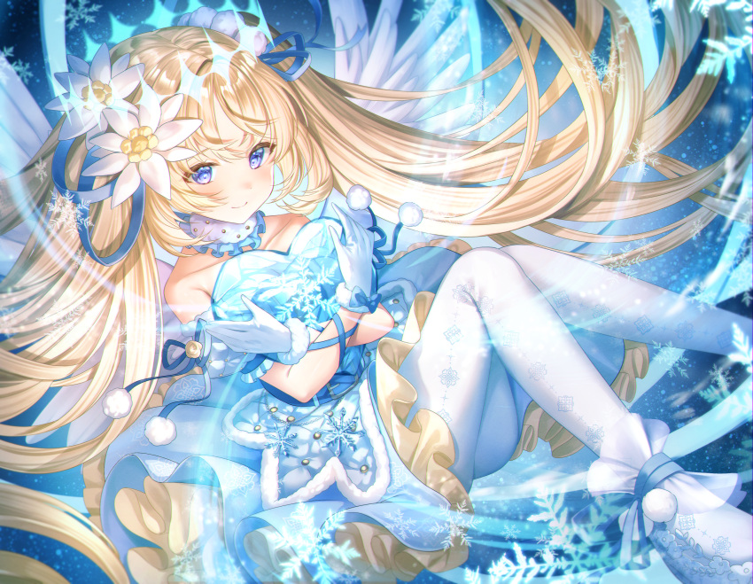 1girl, angel, angel_wings, arm_ribbon, bangs, blonde_hair, blue_eyes, blush