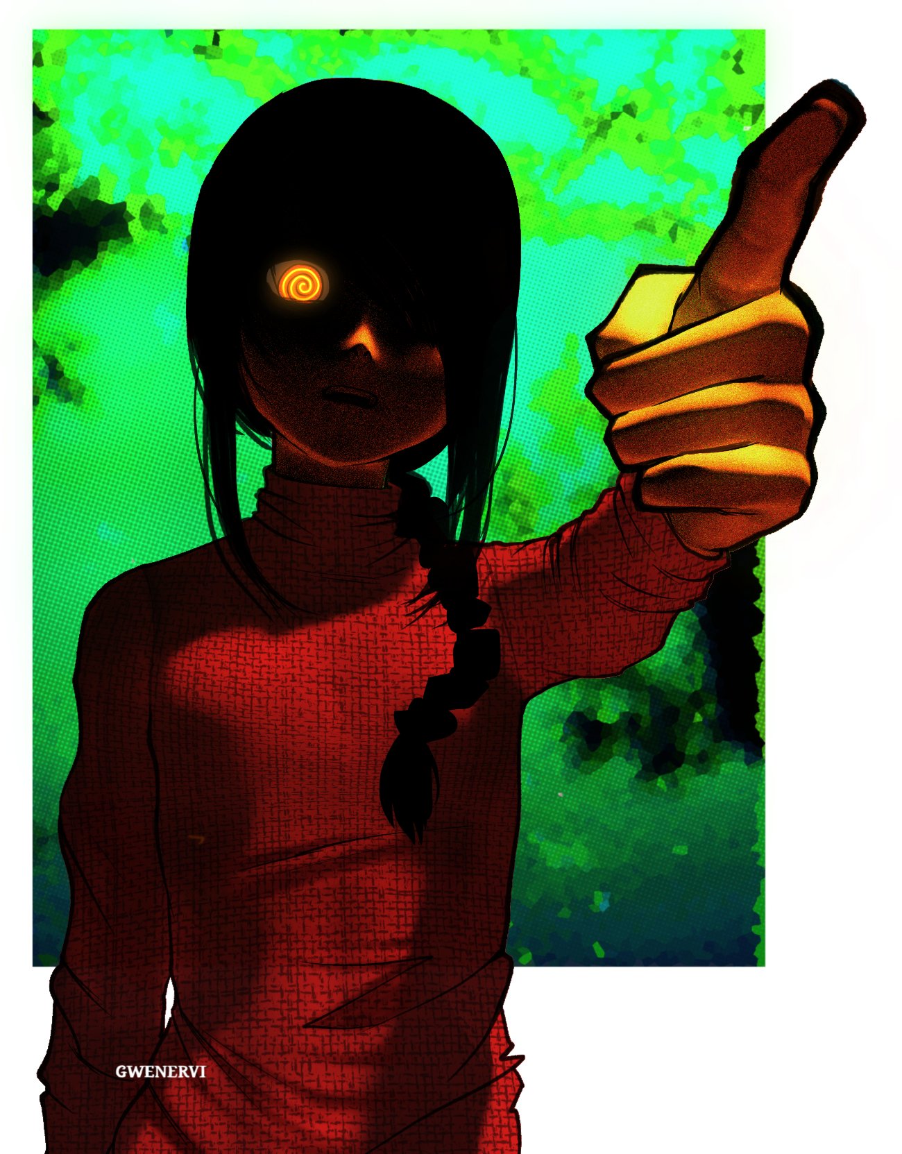 1girl, artist_name, bangs, black_hair, braid, braided_ponytail, chainsaw_man, gwenervi, hair_over_one_eye, hair_over_shoulder, highres, looking_at_viewer, medium_hair, nayuta_(chainsaw_man), open_mouth, pointing, pointing_at_viewer, red_sweater, ringed_eyes, shaded_face, solo, sweater, yellow_eyes