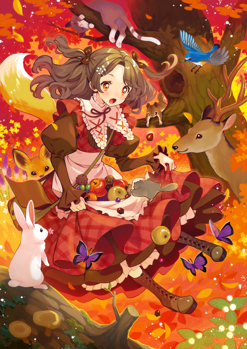 1girl, absurdres, acorn, animal, apple, apron, autumn, autumn_leaves