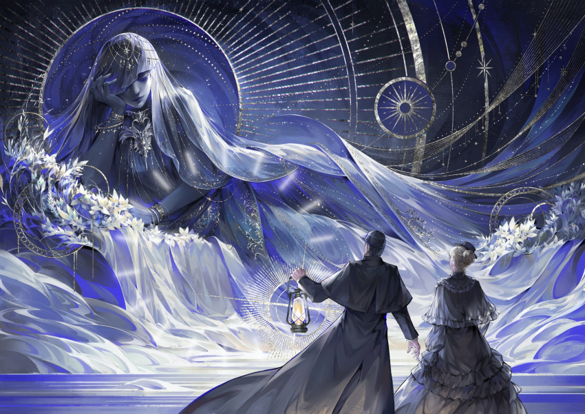 1boy, 2girls, beard, black_dress, black_hair, black_headwear, blonde_hair, chinese_commentary, commentary_request, dress, evernight_goddess, facial_hair, fawanwenjiupao75017, flower, from_behind, halo, hand_on_own_cheek, hand_on_own_face, highres, holding, holding_lantern, jewelry, klein_moretti, lantern, lips, long_hair, looking_at_object, lord_of_the_mysteries, multiple_girls, sculpture, sharron_(lord_of_the_mysteries), short_hair, star_(symbol), windbreaker