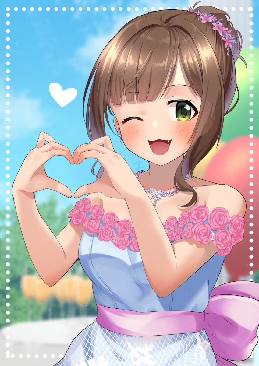 1girl, :3, back_bow, balloon, bangs, blunt_bangs, blurry, blurry_background