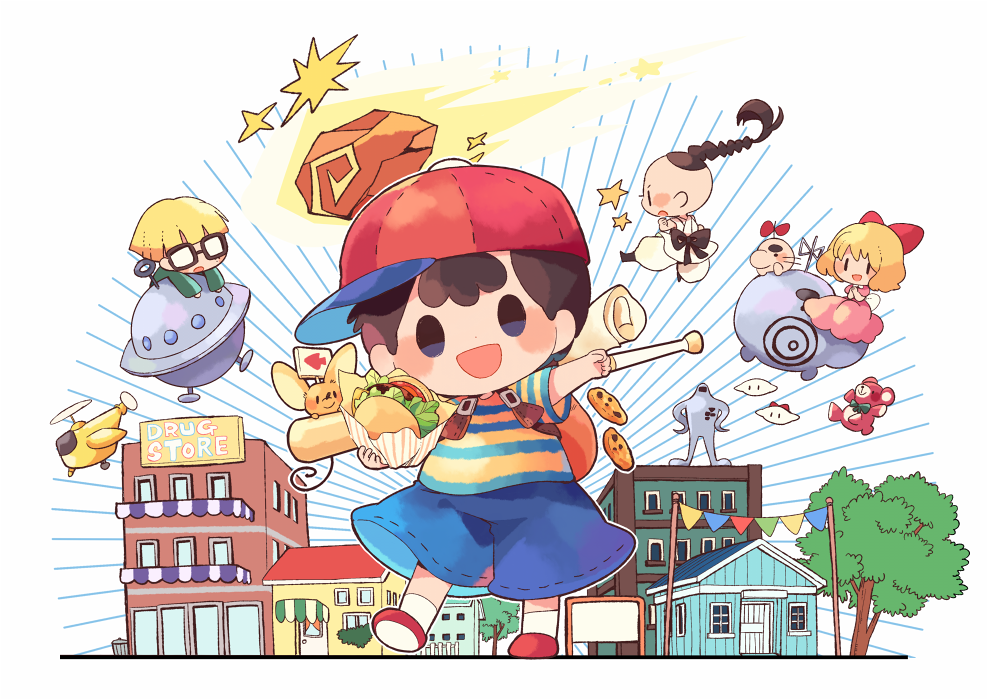 1girl, 3boys, :d, aircraft, arm_up, arrow_(symbol), awning, backpack, bag, baseball_bat, baseball_cap, black-framed_eyewear, black_hair, blonde_hair, blue_shirt, blue_shorts, blush, blush_stickers, bow, braid, braided_ponytail, building, burger, commentary_request, cookie, cute_li'l_ufo, doseisan, dress, emphasis_lines, exit_mouse_(mother), floating_hair, flying_kick, food, glasses, hair_bow, hat, helicopter, hitofutarai, holding, holding_food, house, jeff_andonuts, kicking, li'l_ufo, long_hair, long_sleeves, looking_at_viewer, meteor, mother_(game), mother_2, mouse, multicolored_clothes, multiple_boys, ness_(mother_2), open_mouth, paula_(mother_2), pennant, pink_dress, poo_(mother_2), profile, red_bow, red_footwear, red_headwear, shirt, shoes, short_hair, short_sleeves, shorts, sideways_hat, sign, simple_background, smile, socks, solid_oval_eyes, standing, star_(symbol), starman_(mother), string_of_flags, striped, striped_shirt, stuffed_animal, stuffed_toy, t-shirt, teddy_bear, teddy_bear_(mother_2), trash_can, tree, two-tone_shirt, ufo, white_background, white_socks, yellow_shirt