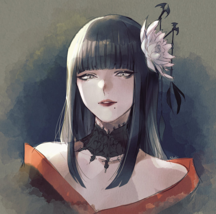 1girl, artist_name, bangs, bare_shoulders, bat_hair_ornament, black_collar, black_eyeshadow, black_hair