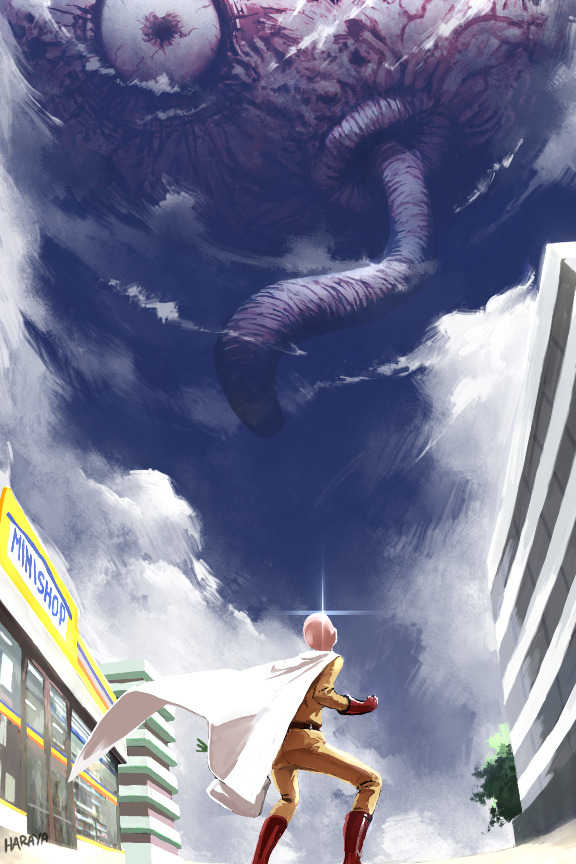 1boy, 1other, apartment, bag, bald, cape, clouds, cloudy_sky