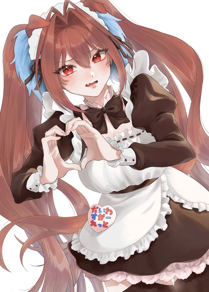1girl, animal_ears, apron, bangs, black_bow, black_bowtie, black_dress, black_thighhighs