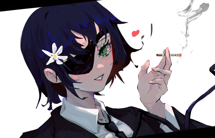 1girl, bangs, black_necktie, black_suit, blue_hair, business_suit, chainsaw_man, cigarette, collared_shirt, commentary, dark_blue_hair, dress_shirt, eyelashes, eyepatch, fingernails, flower, formal, green_eyes, hair_flower, hair_ornament, heart, highres, himeno_(chainsaw_man), holding, holding_cigarette, long_fingernails, long_sleeves, looking_at_viewer, loose_necktie, mrbadartist, necktie, parted_lips, self-upload, shirt, short_hair, simple_background, smile, smoke, solo, spanish_commentary, suit, suit_jacket, teeth, tsurime, upper_body, white_background, white_flower, white_hair, white_shirt