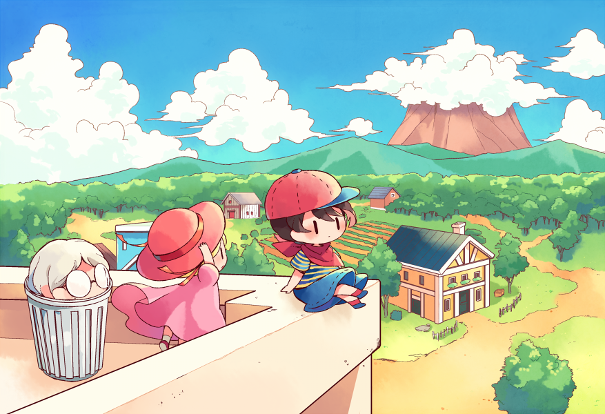 1girl, 2boys, ana_(mother), bandana, baseball_cap, black_hair, blonde_hair, blue_footwear