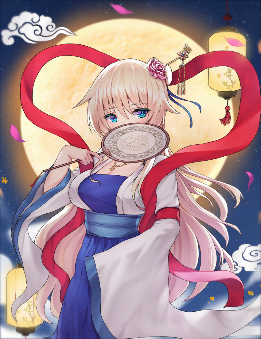 1girl, absurdres, blonde_hair, blue_eyes, breasts, bun_cover, chinese_clothes, duotianshi.nian