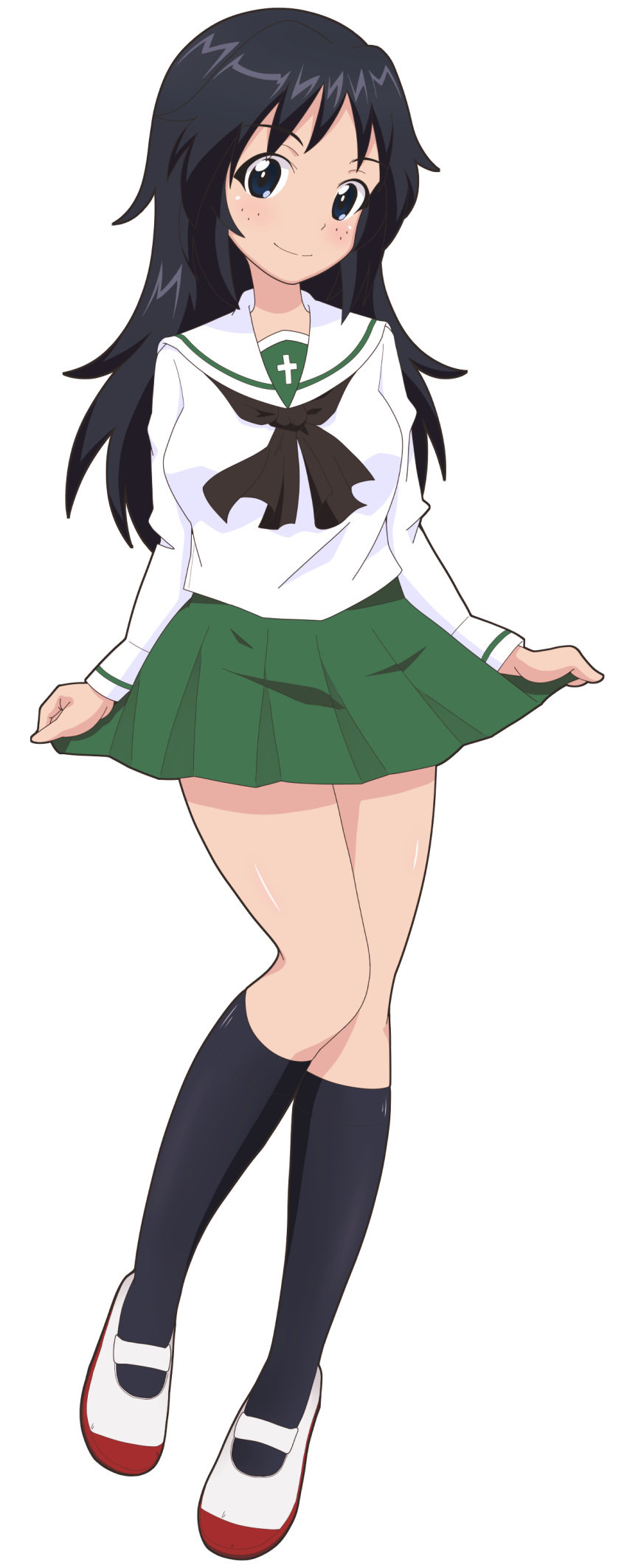 1girl, absurdres, bangs, black_eyes, black_hair, black_neckerchief, black_socks, blouse