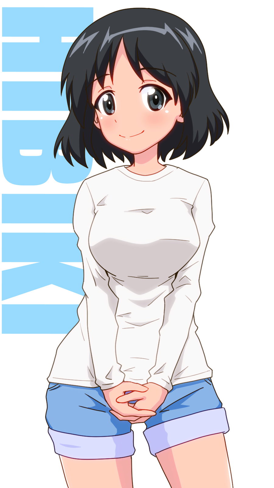 1girl, background_text, bangs, black_eyes, black_hair, blue_shorts, blush, bob_cut
