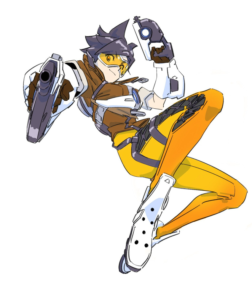 1girl, aiming_at_viewer, atsynd, bangs, brown_gloves, brown_hair, brown_jacket, closed_mouth, dual_wielding, gloves, goggles, gun, highres, holding, holding_gun, holding_weapon, jacket, looking_at_viewer, medium_hair, orange_pants, overwatch, overwatch_1, pants, simple_background, smile, solo, tracer_(overwatch), weapon, white_background, white_footwear