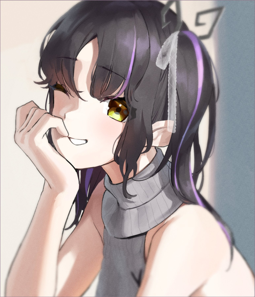 1girl, 3f_(allunderstooder), 774_inc., aran_sweater, bangs, black_hair, blush, bow