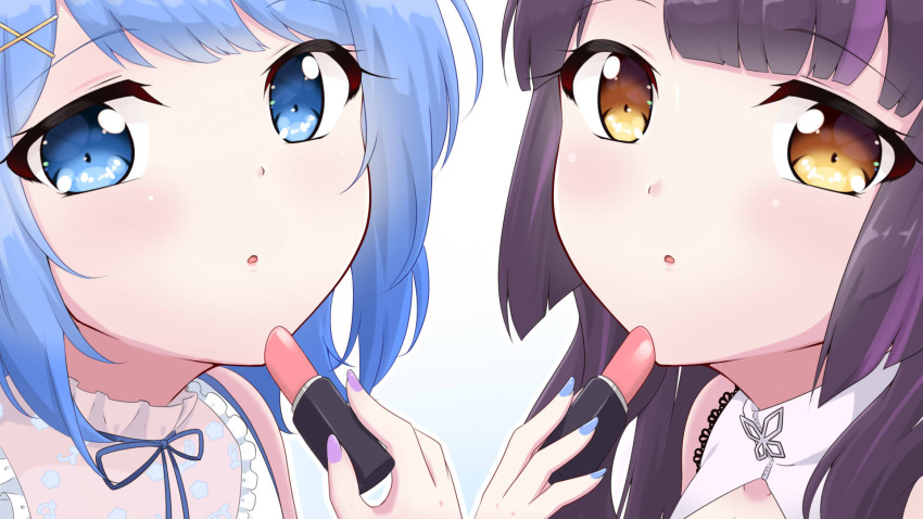 2girls, 774_inc., aitsugawa_rui, bangs, black_hair, blue_eyes, blue_hair, blunt_bangs, blush, commentary_request, cosmetics, expressionless, highres, jacket, kojo_anna, lace_trim, lipstick_tube, long_hair, looking_at_viewer, multicolored_hair, multiple_girls, neck_ribbon, official_alternate_costume, open_mouth, purple_hair, ribbon, short_hair, simple_background, souya_ichika, two-tone_hair, upper_body, virtual_youtuber, white_background, white_jacket, yellow_eyes