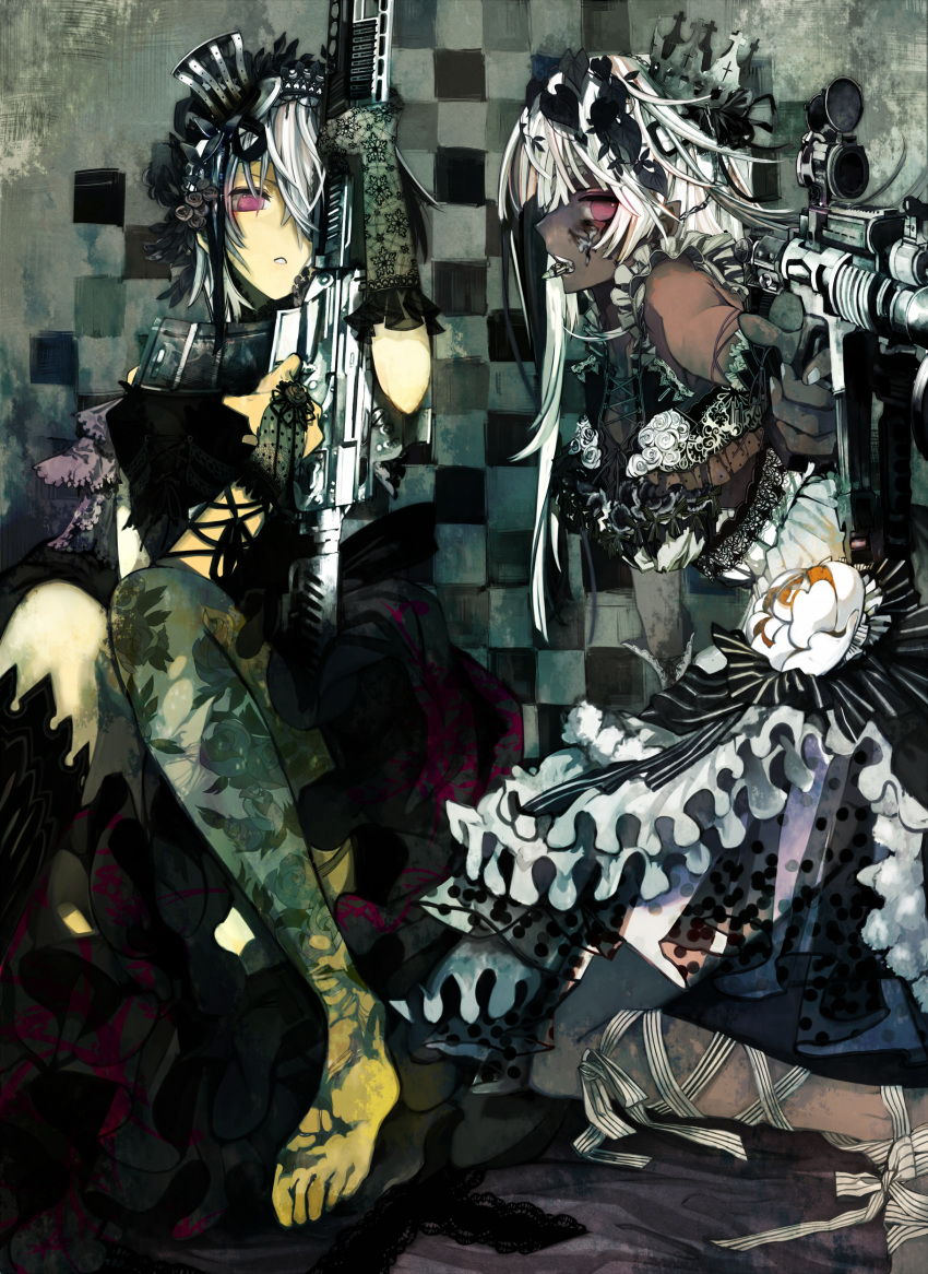 2girls, absurdres, aiming, barefoot, black_vs_white, bridal_gauntlets, bullet, checkered