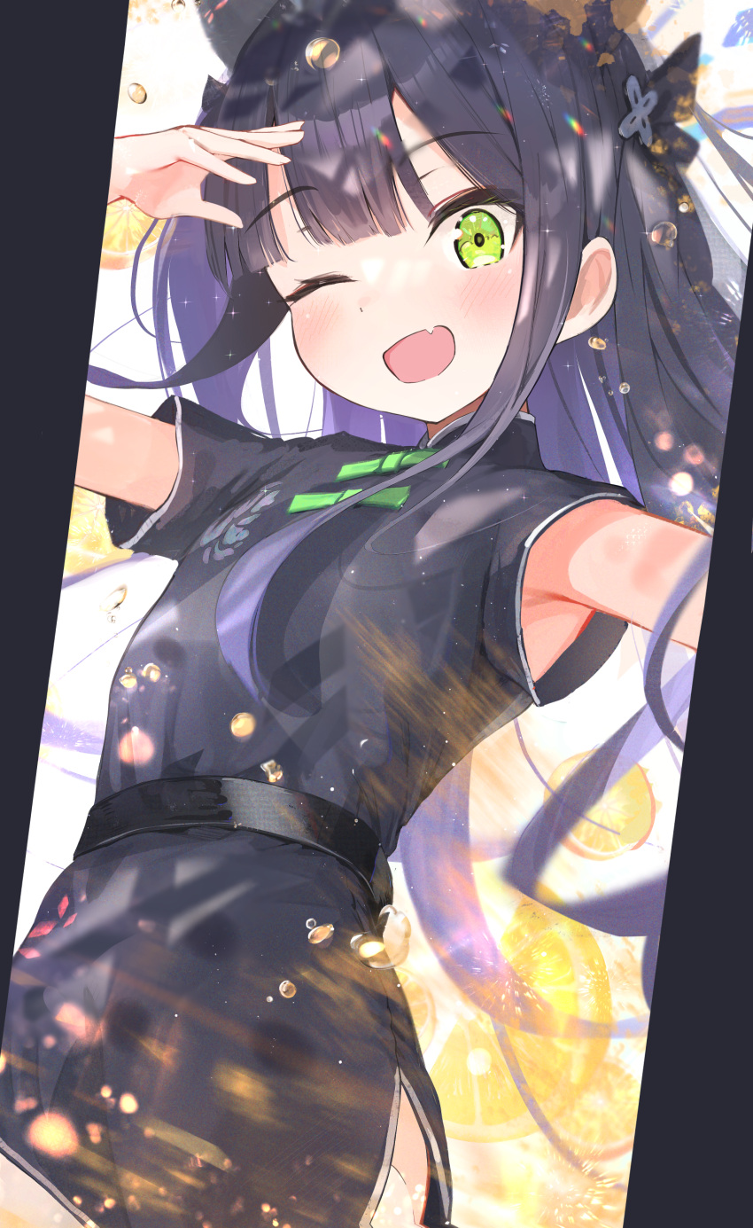 1girl, ;d, absurdres, aged_down, animal_ears, armpits, bangs, black_hair