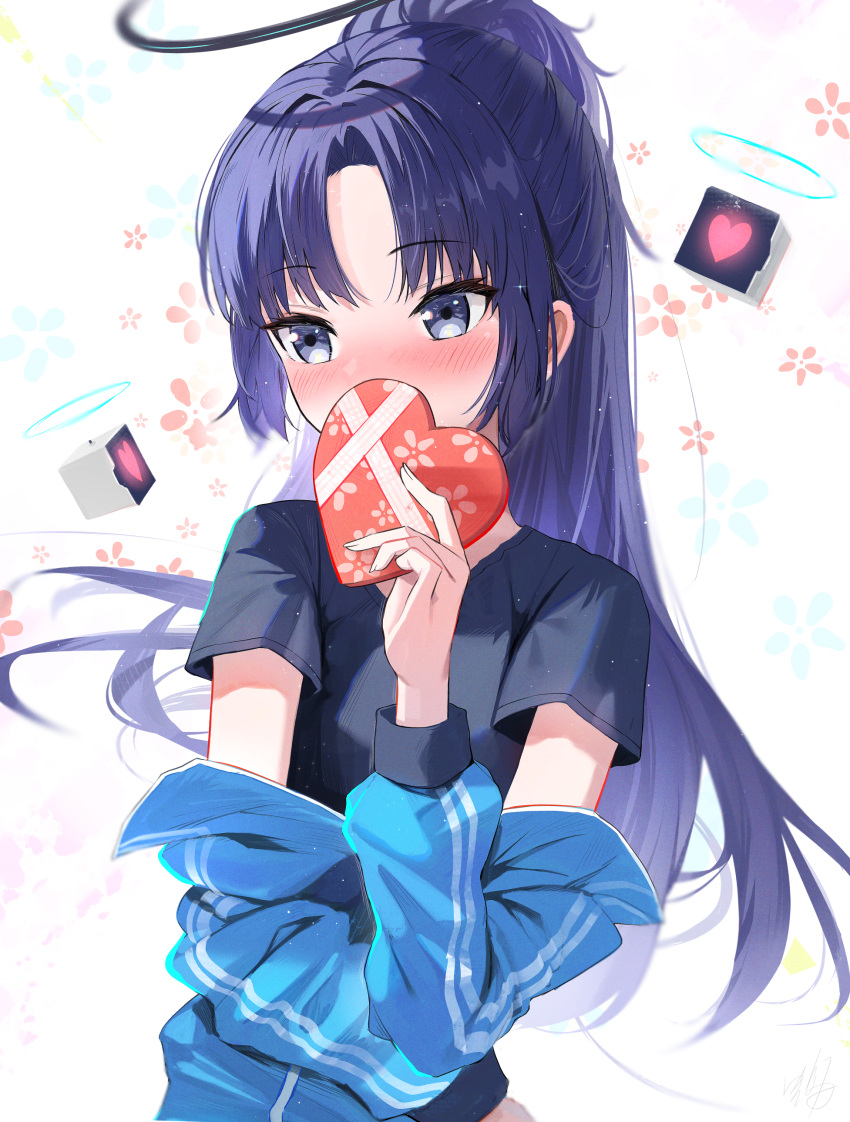 1girl, absurdres, bangs, blue_archive, blush, box, box_of_chocolates, candy, chocolate, commentary, covering_mouth, drone, embarrassed, facial_tattoo, food, forehead, gift, gym_shirt, gym_uniform, halo, heart, heart-shaped_chocolate, hidulume, highres, holding, holding_gift, jacket, long_hair, long_sleeves, looking_away, official_alternate_costume, parted_bangs, ponytail, purple_hair, school_uniform, shirt, sidelocks, simple_background, solo, symbol-only_commentary, tattoo, track_jacket, valentine, violet_eyes, white_background, yuuka_(blue_archive), yuuka_(gym_uniform)_(blue_archive)