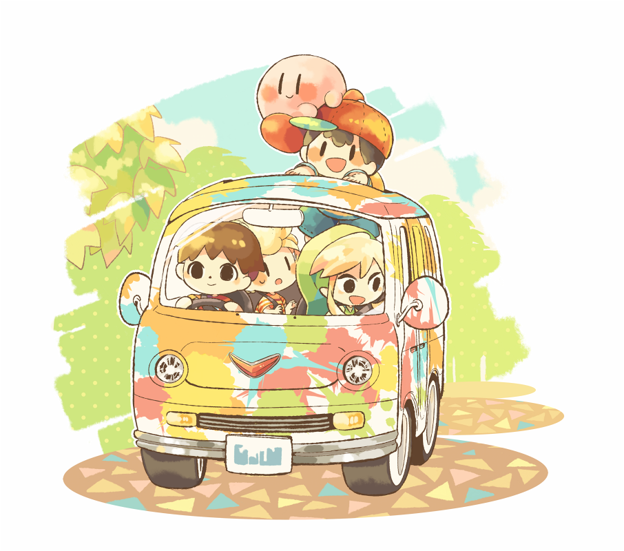 4boys, :d, animal_crossing, bangs, baseball_cap, black_eyes, black_hair, blonde_hair