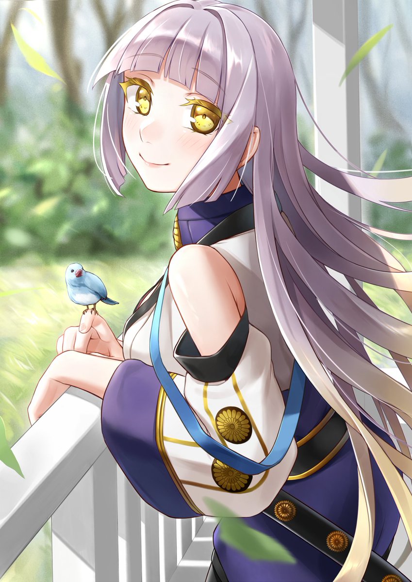 1girl, arm_rest, bangs, bare_shoulders, belt, bird, bird_on_hand, blunt_bangs