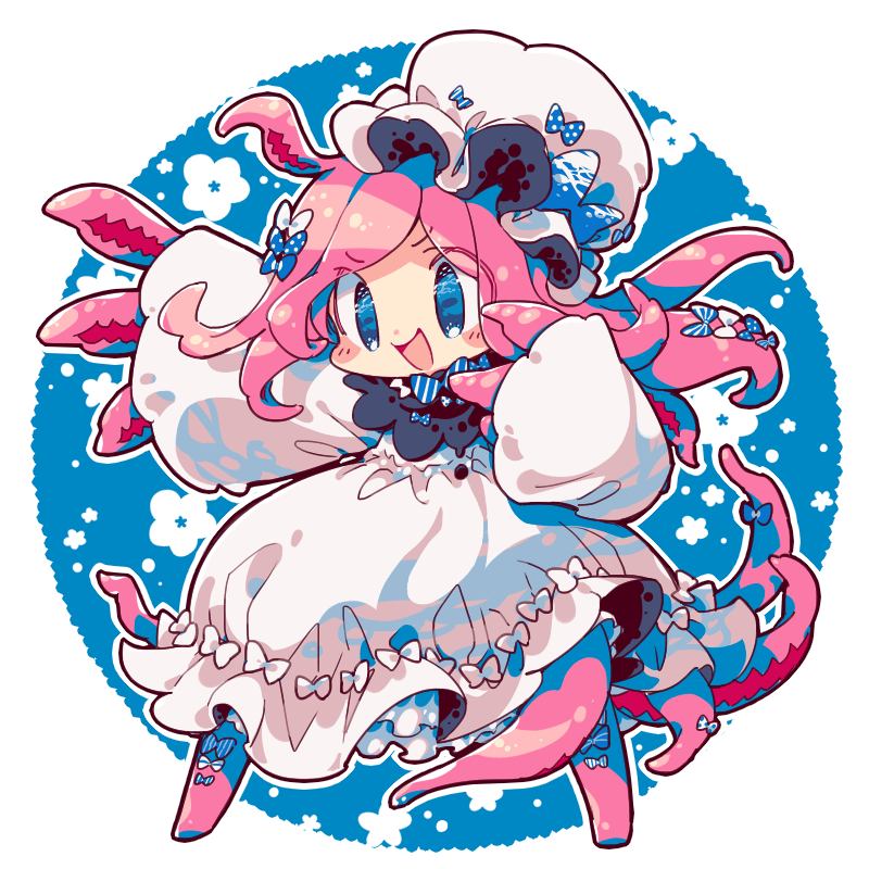 1girl, :d, black_capelet, blue_background, blue_bow, blue_eyes, blush_stickers, bow