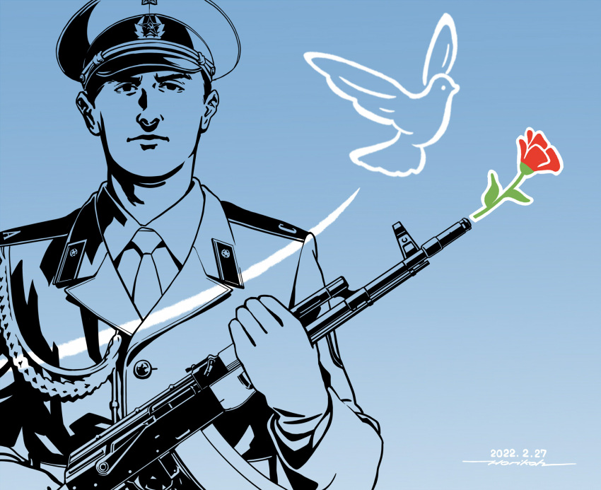1boy, aiguillette, ak-74, assault_rifle, bird, black_eyes, blue_background, buttons
