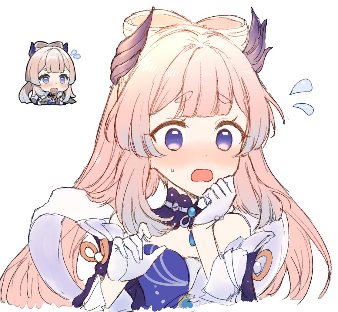 1girl, blush, breasts, detached_sleeves, flying_sweatdrops, frilled_sleeves, frills, genshin_impact