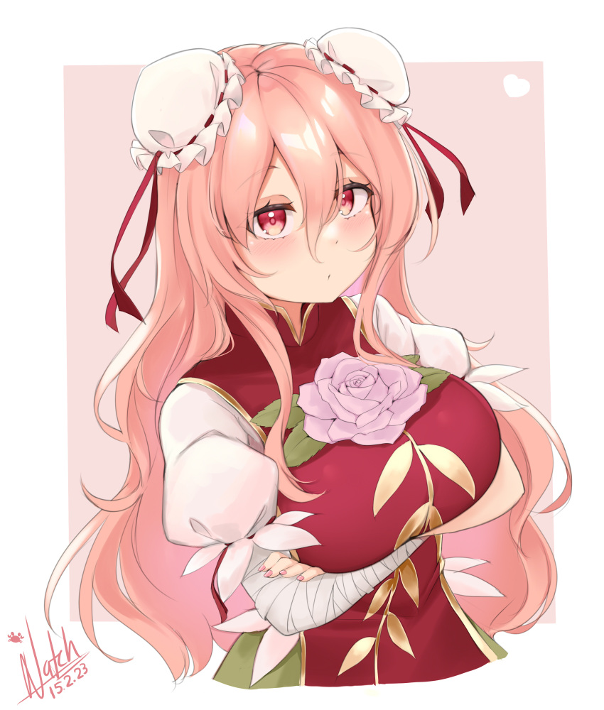 1girl, absurdres, alternate_hair_length, alternate_hairstyle, arms_under_breasts, bangs, breasts, bun_cover
