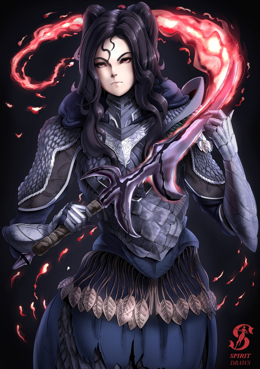 1girl, absurdres, armor, artist_name, aura, black_background, black_hair, black_knife_(elden_ring)